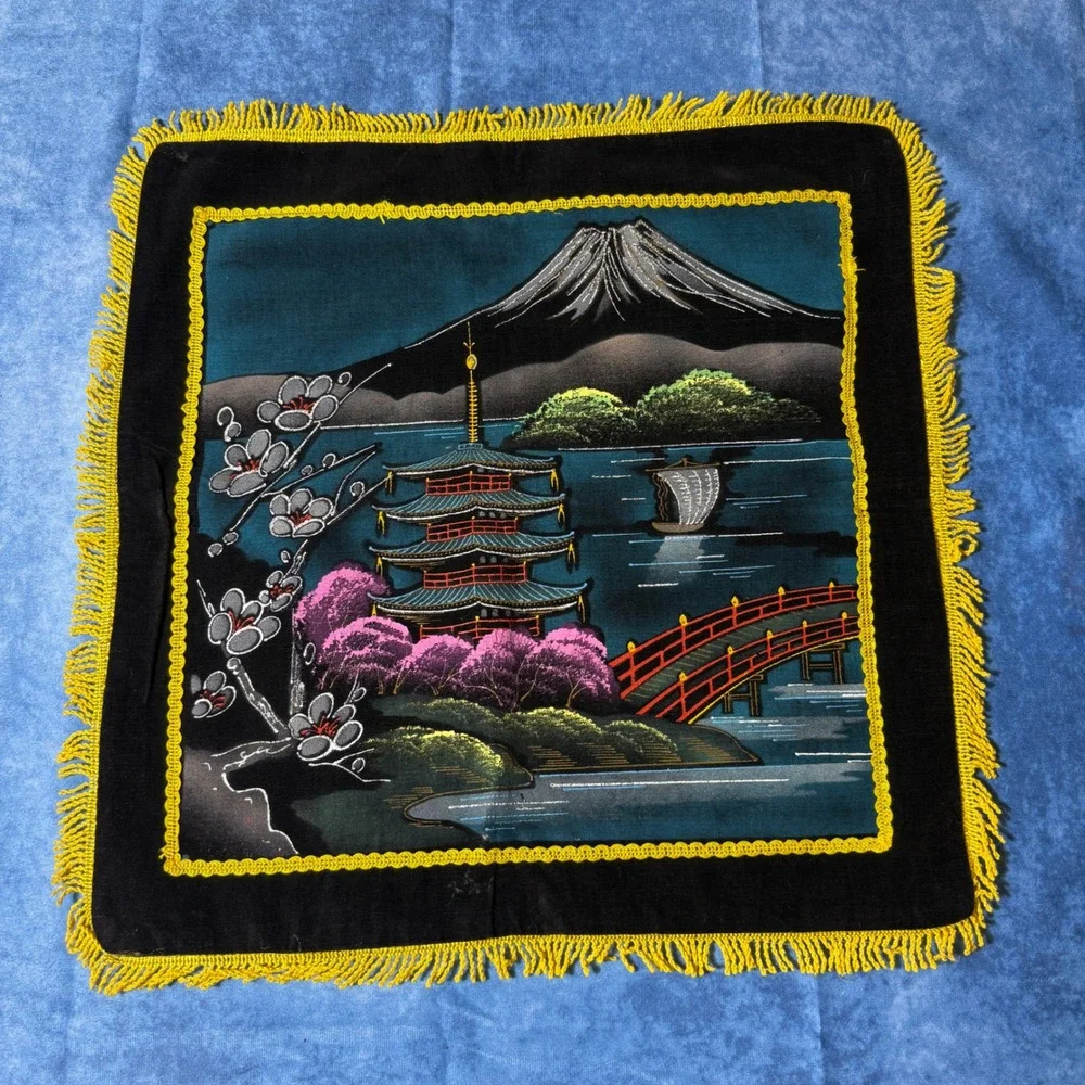 Vintage Japanese Velvet Tapestry Mt Fuji Pagoda Fringe Wall Hanging 18x18